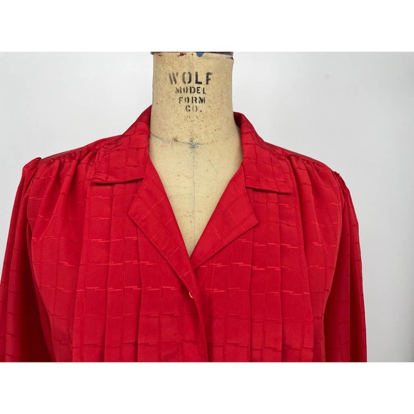 Vintage LeFolio Red Pleated Secretary Cottage Blouse Shirt Long Sleeve Retro 10 - Picture 6 of 8
